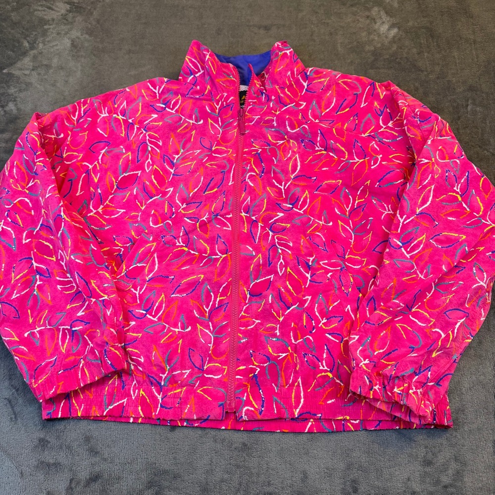Lizsport Vintage Windbreaker Jacket Womens Medium Pink Abstract Leaf Full Zip